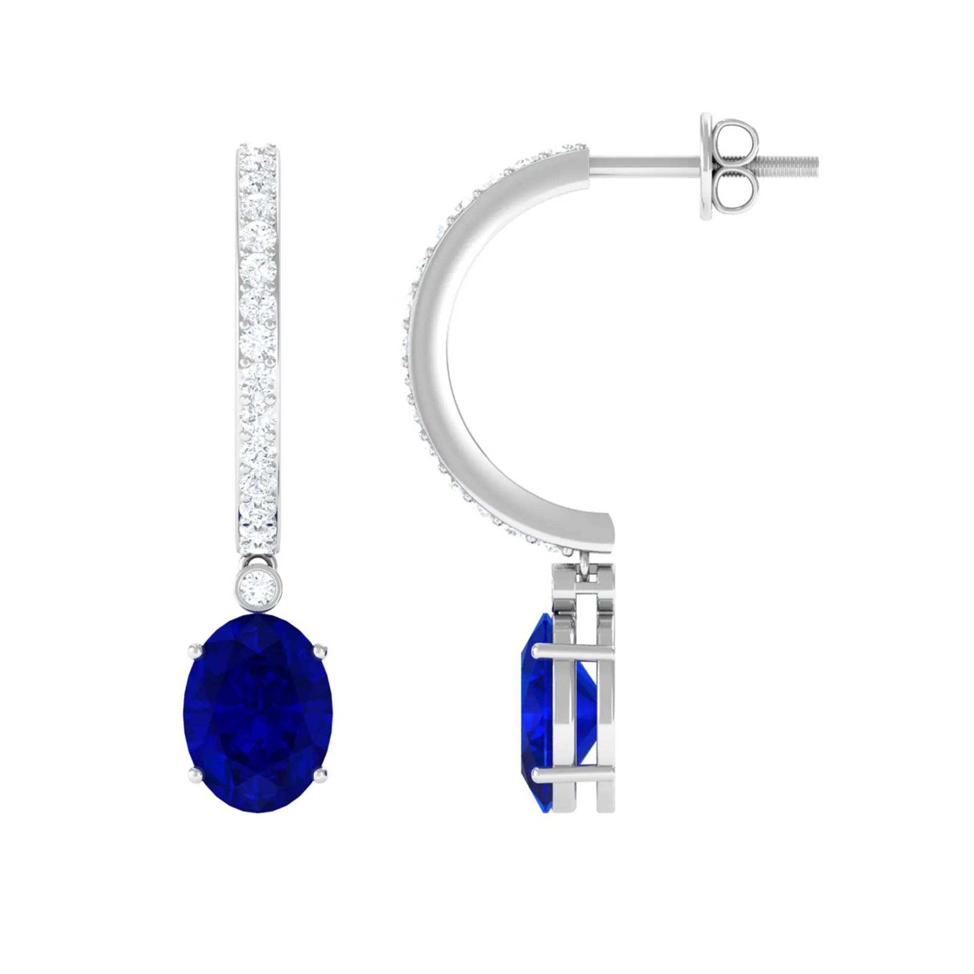 Oval Created Blue Sapphire Hoop Drop Earrings with Moissanite