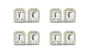 Paris jewelry 14k Yellow Gold 1Ct Emerald Cut White Sapphire Set Of Four Halo Stud Earrings Plated