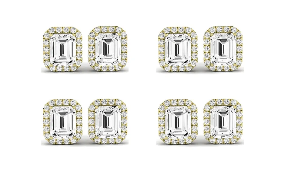 Paris jewelry 14k Yellow Gold 2Ct Emerald Cut White Sapphire Set Of Four Halo Stud Earrings Plated