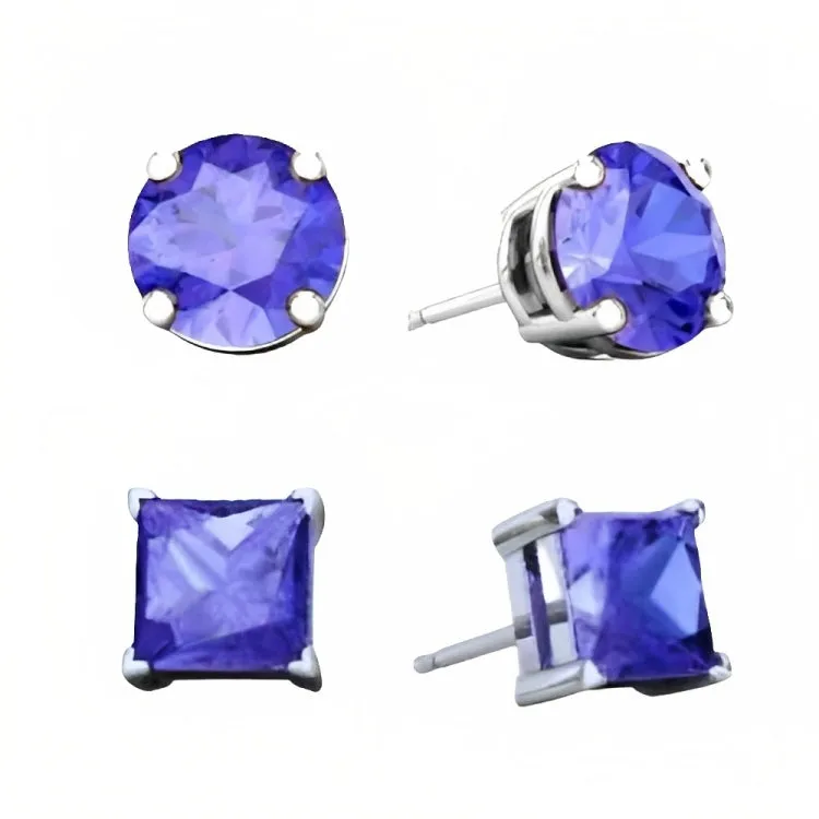 Paris Jewelry 18k White Gold 2 Pair Created Tanzanite 4mm, 6mm Round & Princess Cut Stud Earrings Plated