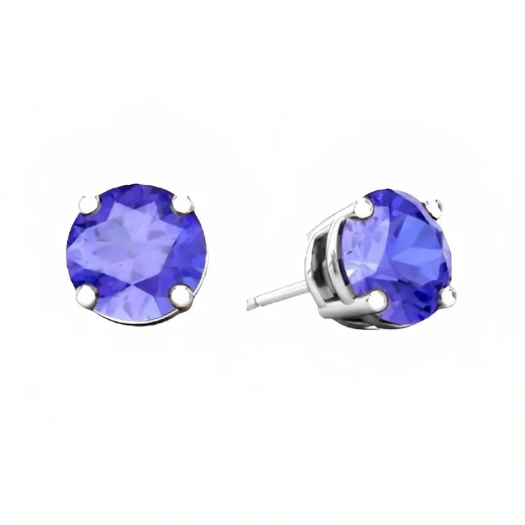 Paris Jewelry 18k White Gold 2 Pair Created Tanzanite 4mm, 6mm Round & Princess Cut Stud Earrings Plated