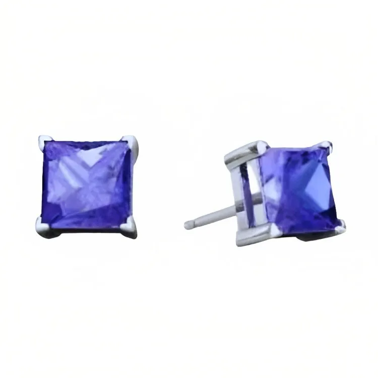 Paris Jewelry 18k White Gold 2 Pair Created Tanzanite 4mm, 6mm Round & Princess Cut Stud Earrings Plated