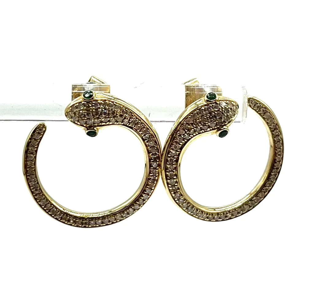 Pave Diamond and Emerald Snake Curl Earrings