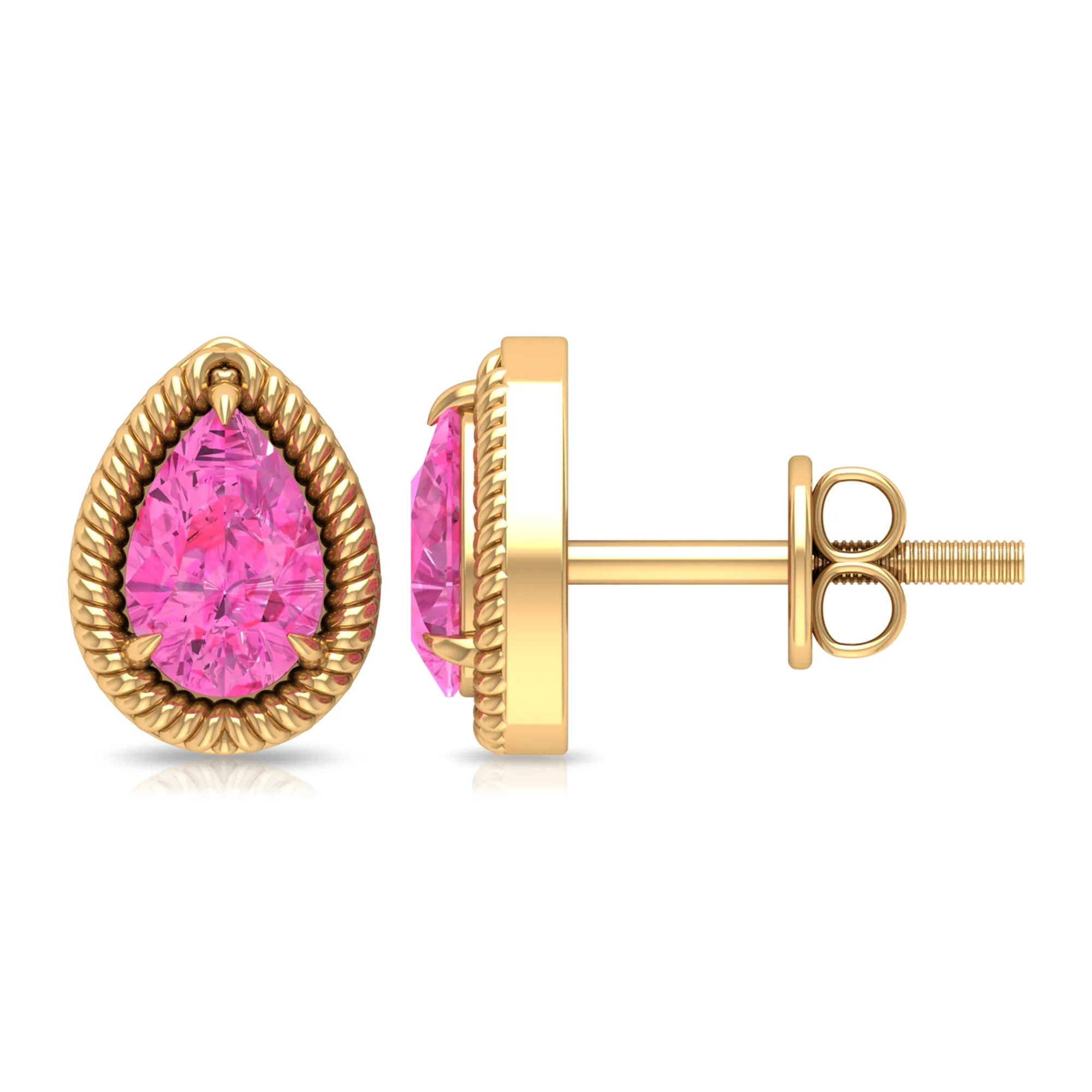 Pear Cut Pink Sapphire Solitaire Stud Earrings in Rope Frame