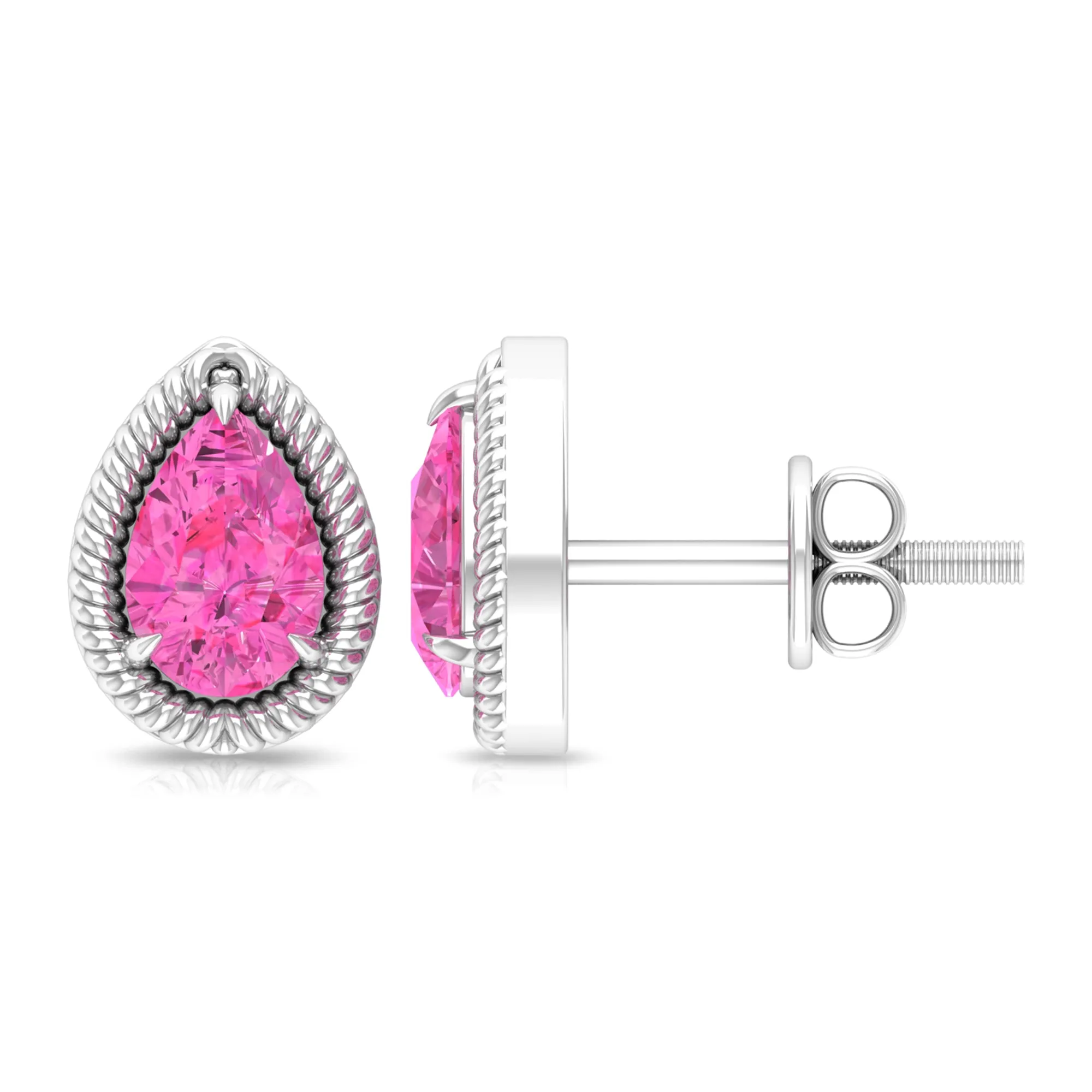 Pear Cut Pink Sapphire Solitaire Stud Earrings in Rope Frame