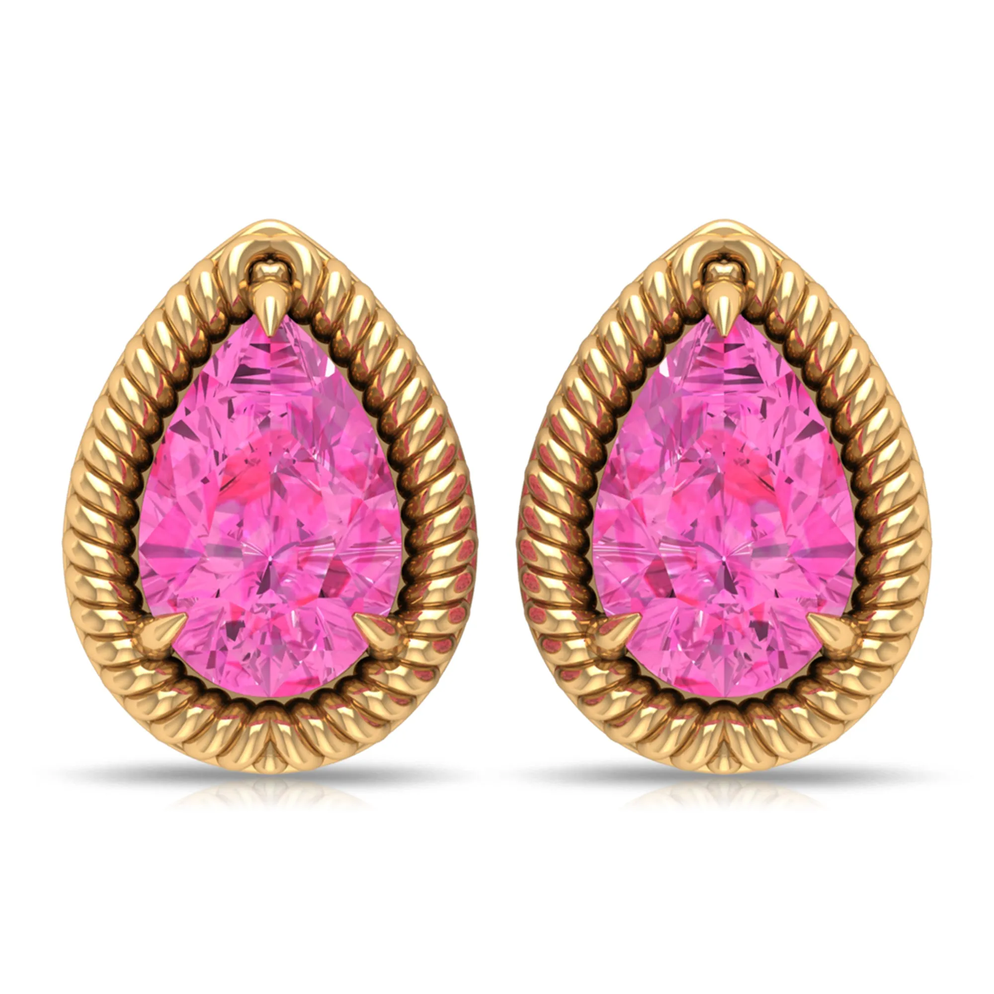 Pear Cut Pink Sapphire Solitaire Stud Earrings in Rope Frame