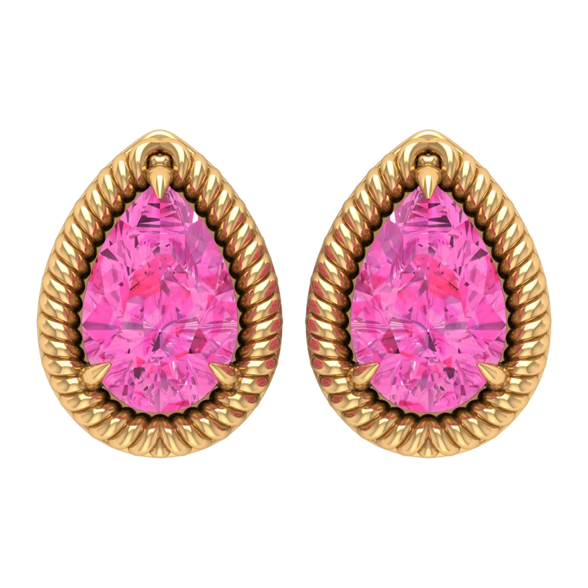 Pear Cut Pink Sapphire Solitaire Stud Earrings in Rope Frame