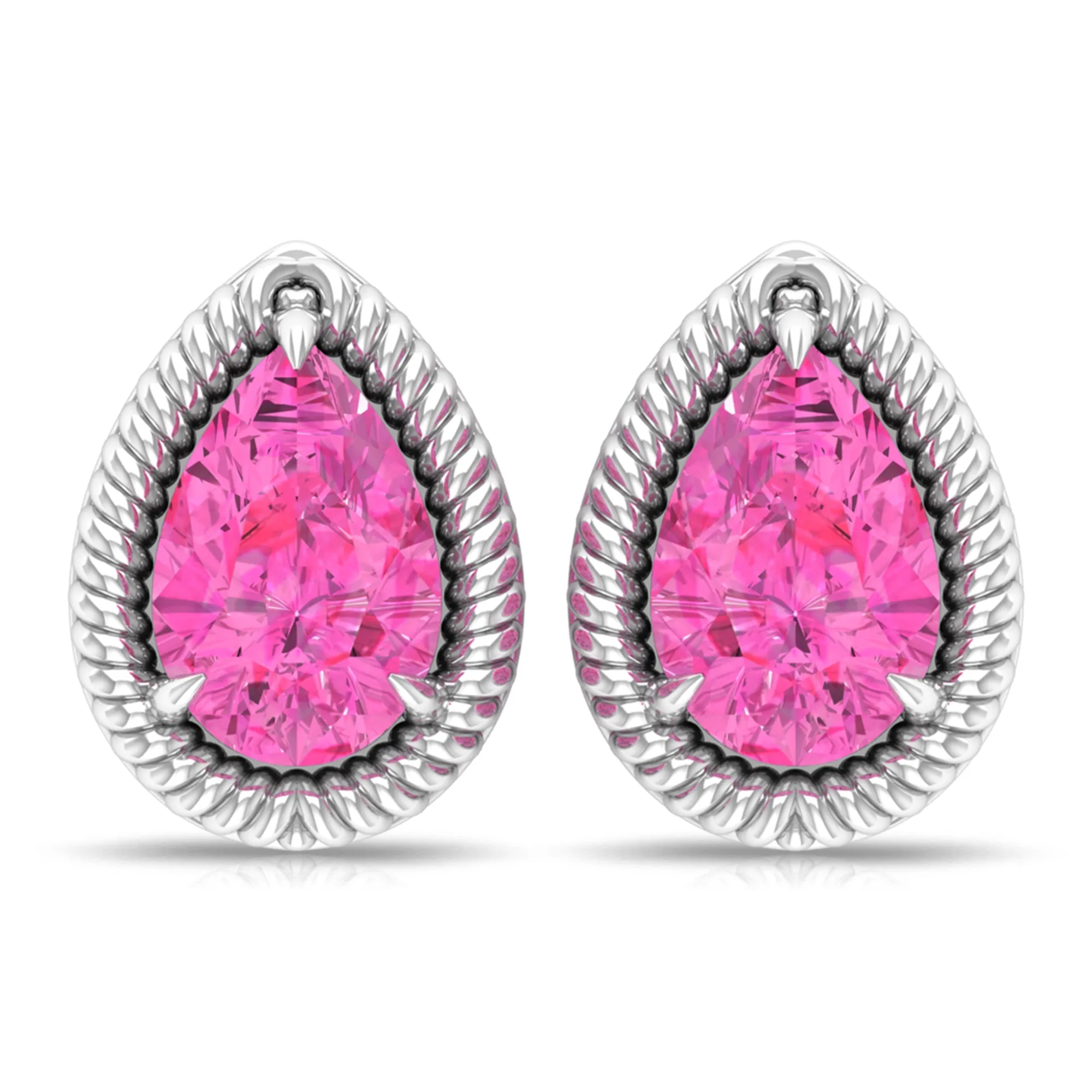 Pear Cut Pink Sapphire Solitaire Stud Earrings in Rope Frame