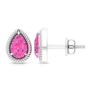 Pear Cut Pink Sapphire Solitaire Stud Earrings in Rope Frame