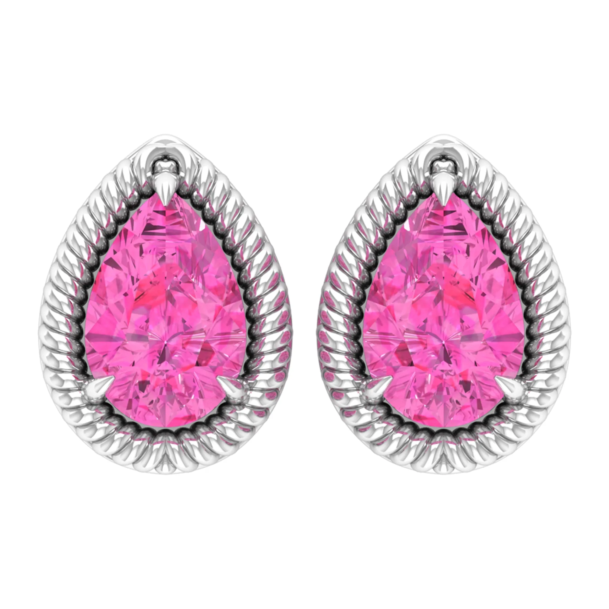 Pear Cut Pink Sapphire Solitaire Stud Earrings in Rope Frame