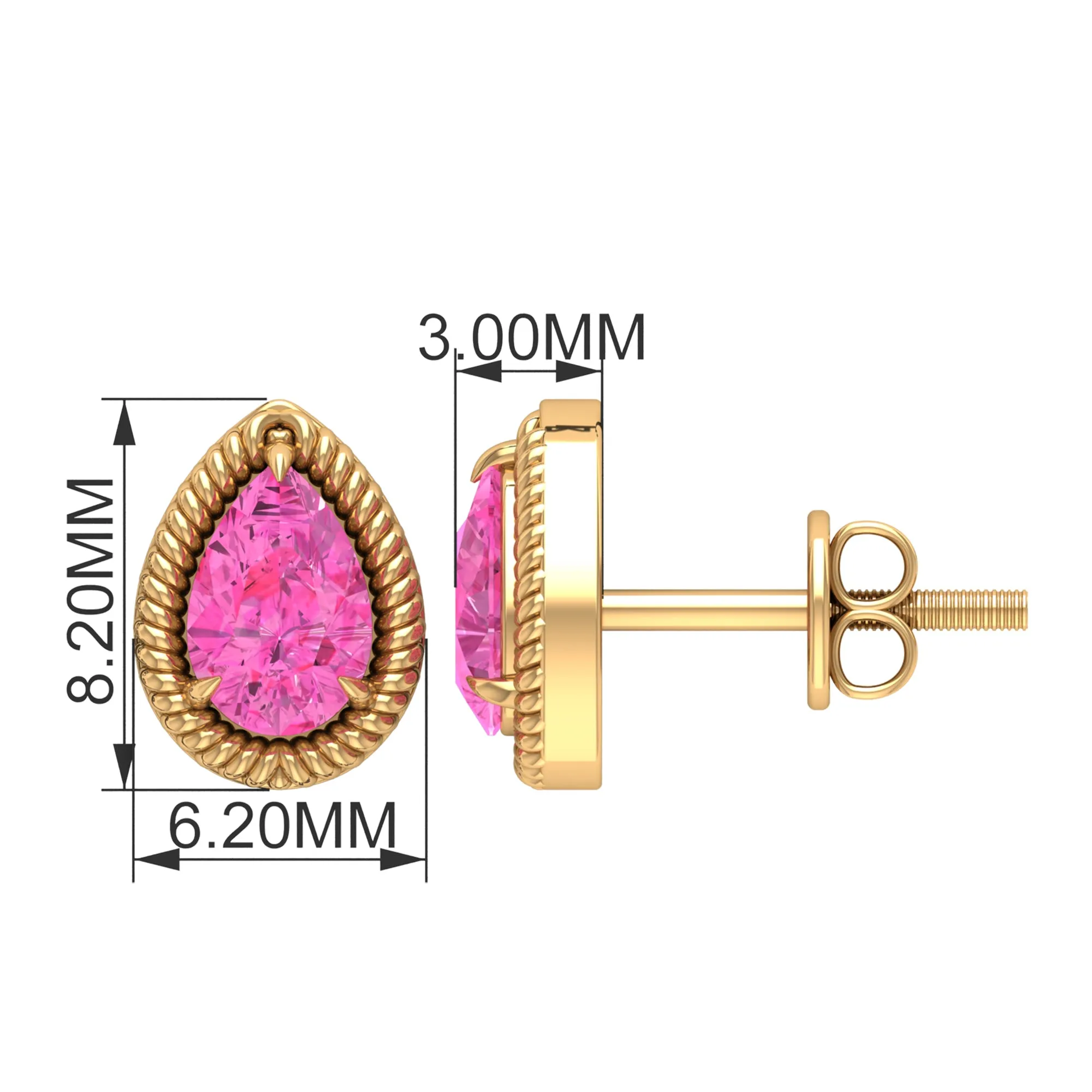 Pear Cut Pink Sapphire Solitaire Stud Earrings in Rope Frame