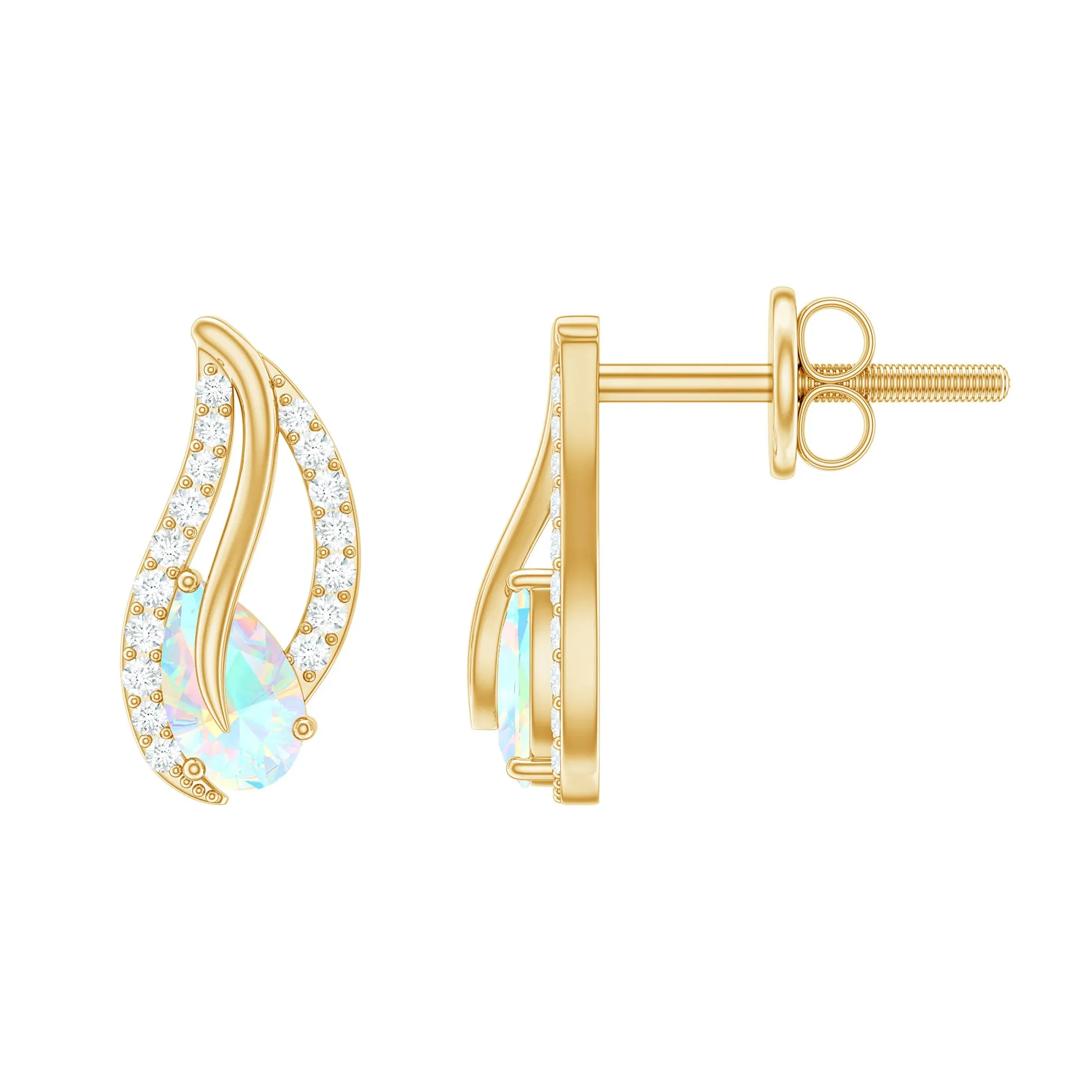 Pear Shape Ethiopian Opal Leaf Stud Earrings with Moissanite