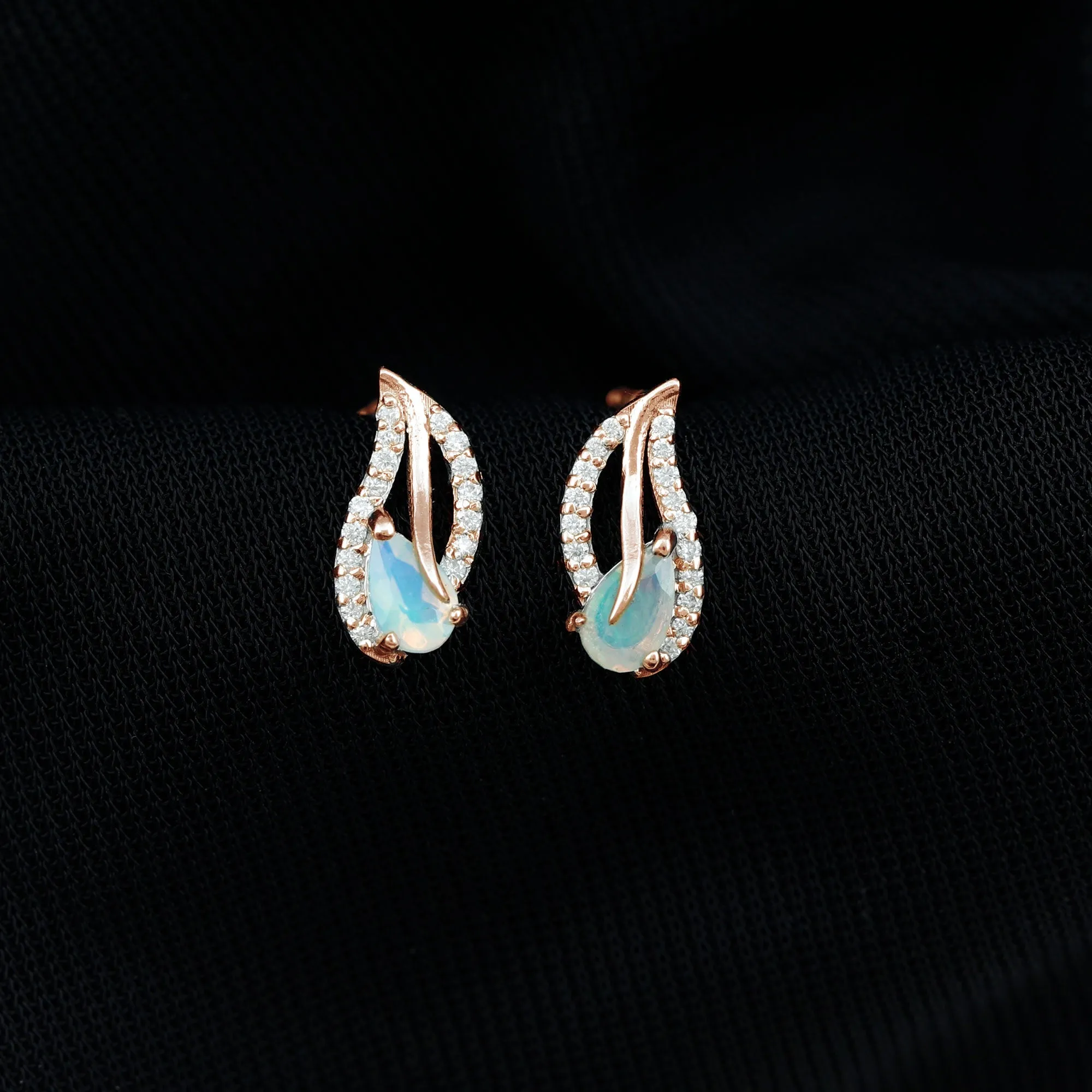 Pear Shape Ethiopian Opal Leaf Stud Earrings with Moissanite