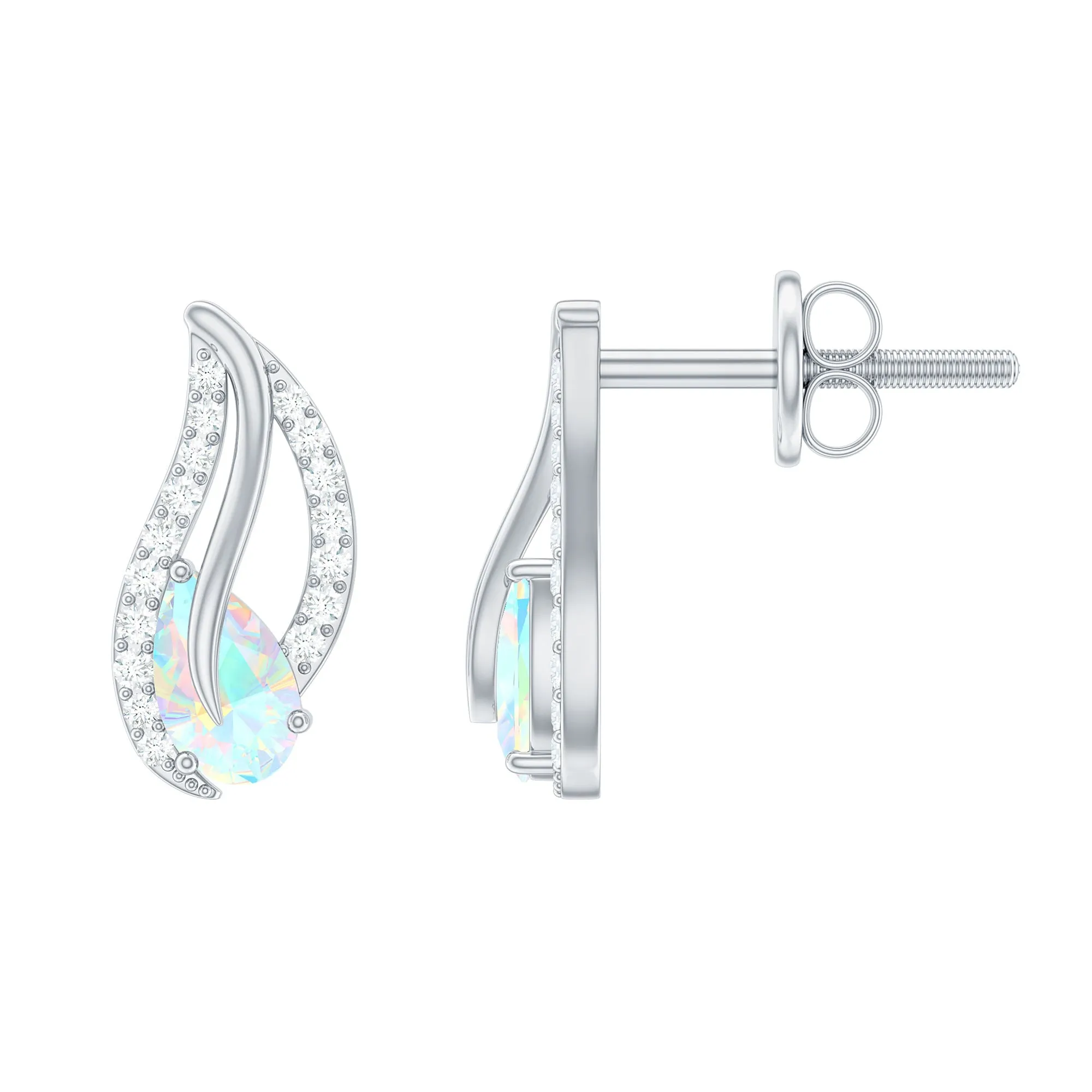 Pear Shape Ethiopian Opal Leaf Stud Earrings with Moissanite