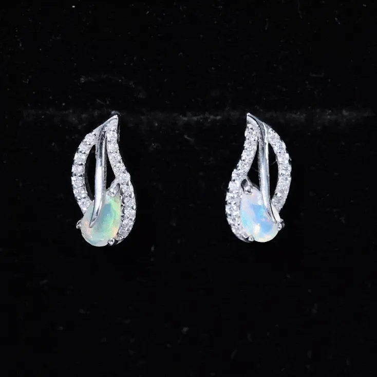 Pear Shape Ethiopian Opal Leaf Stud Earrings with Moissanite