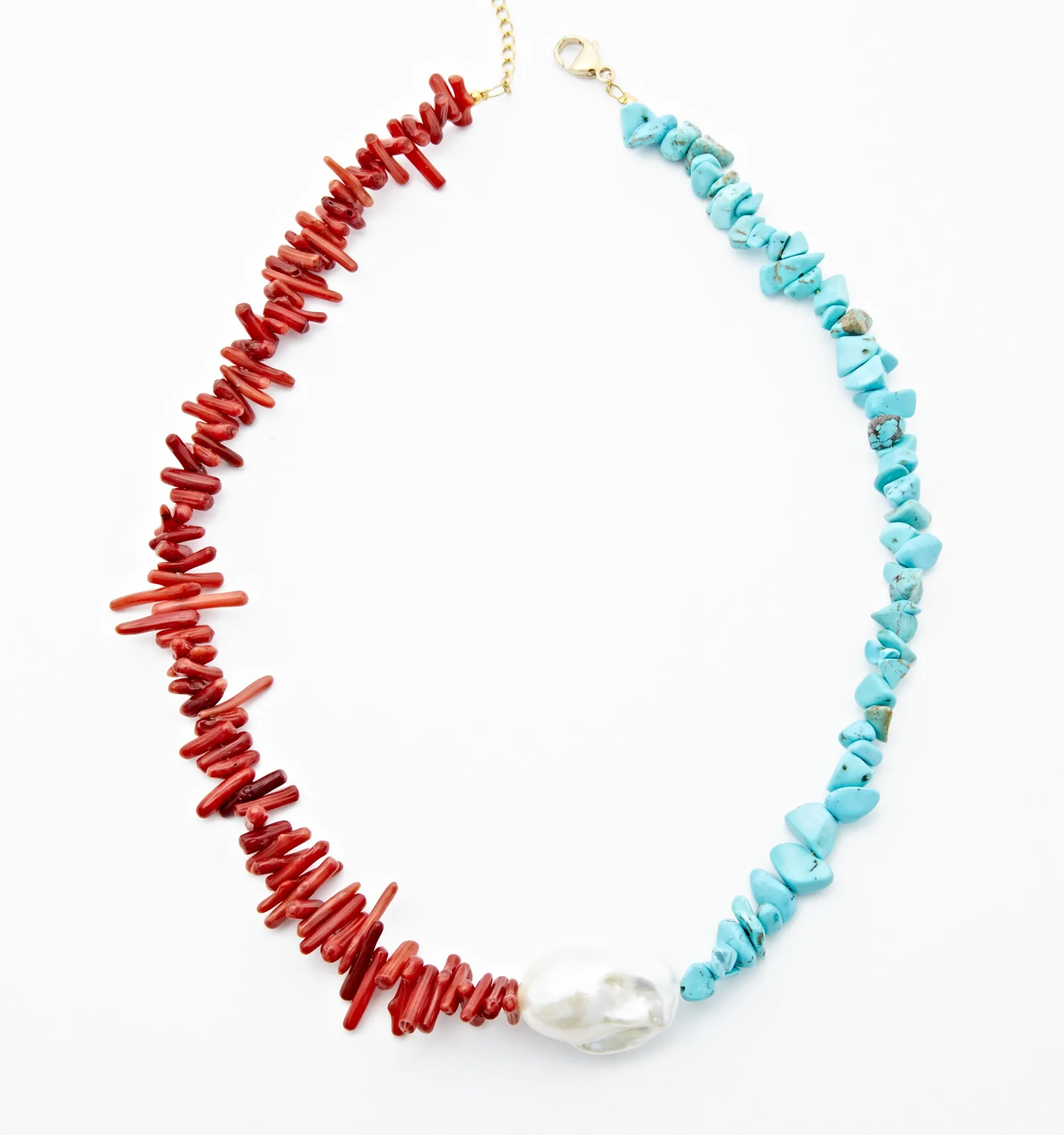 Pearl Necklace With Red Agate and Turquoise