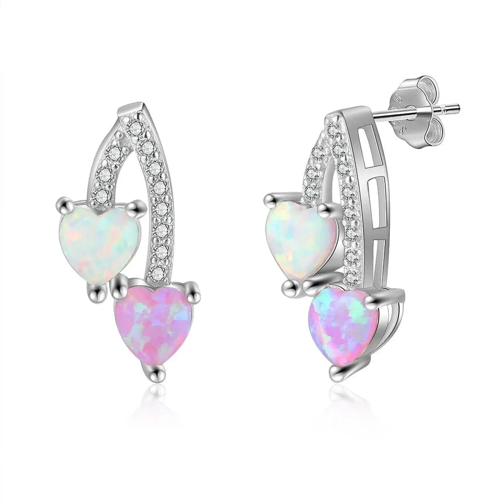 Pink & White Heart Opal 925 Sterling Silver Earrings Jewelry Accessory for Women