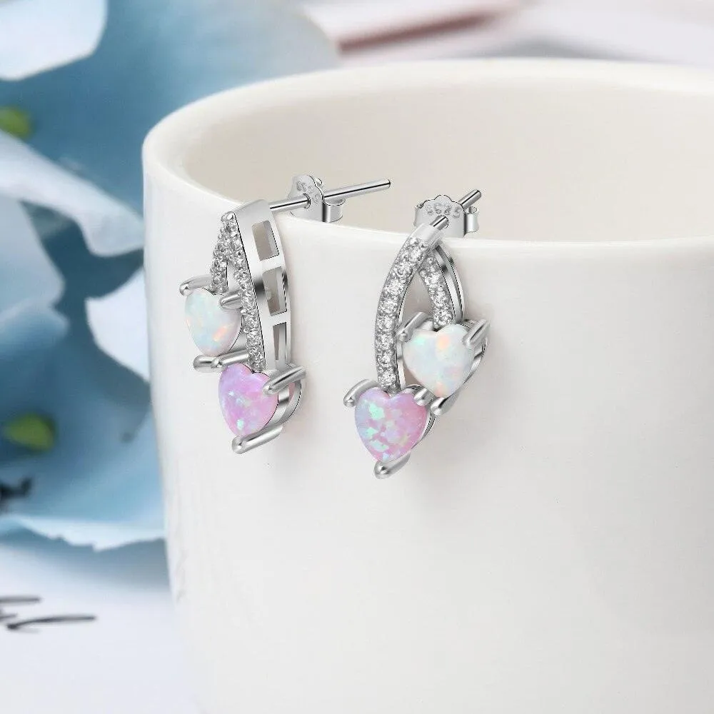 Pink & White Heart Opal 925 Sterling Silver Earrings Jewelry Accessory for Women