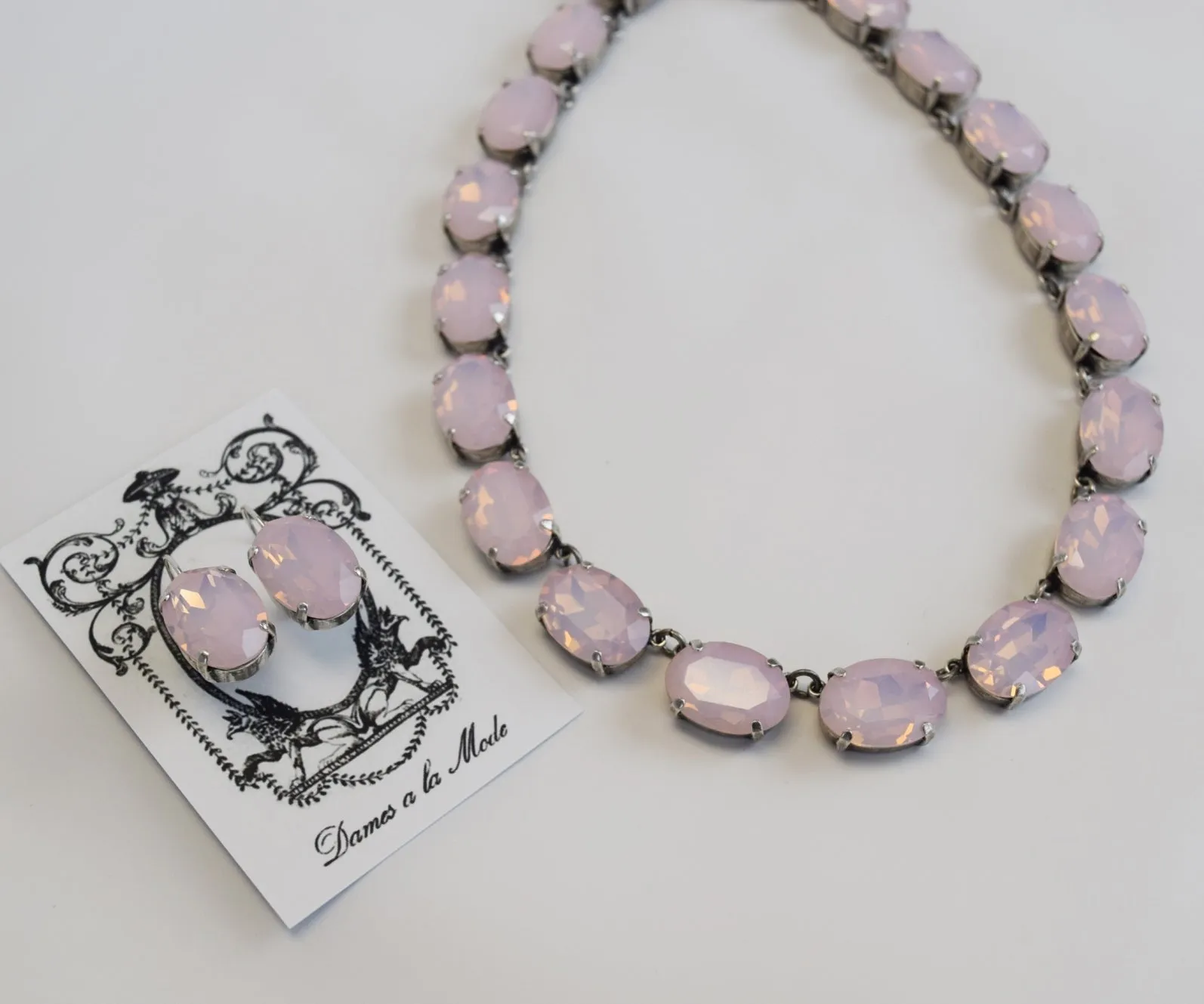 Pink Opal Crystal Collet Necklace - Large Oval