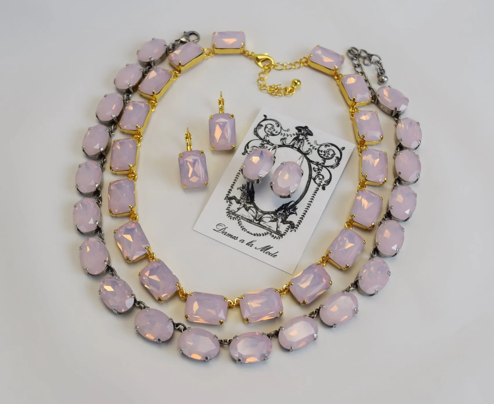 Pink Opal Crystal Collet Necklace - Large Oval