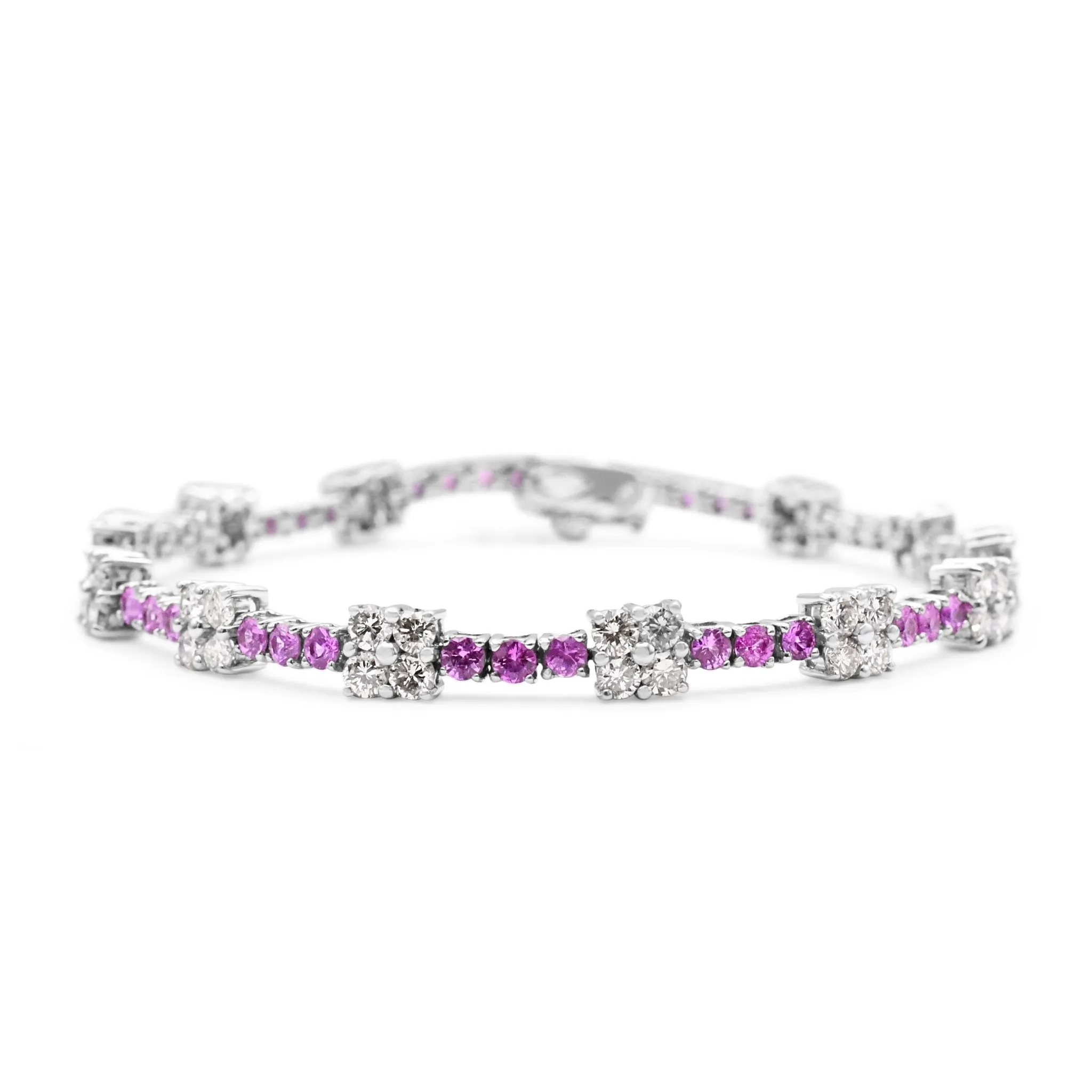 Pink Sapphire And Brilliant Cut Diamond Cluster Line Bracelet