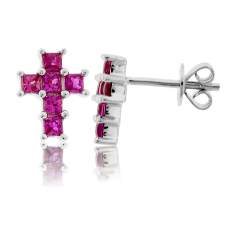 Pink Sapphire Cross Style Stud Earrings