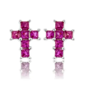 Pink Sapphire Cross Style Stud Earrings