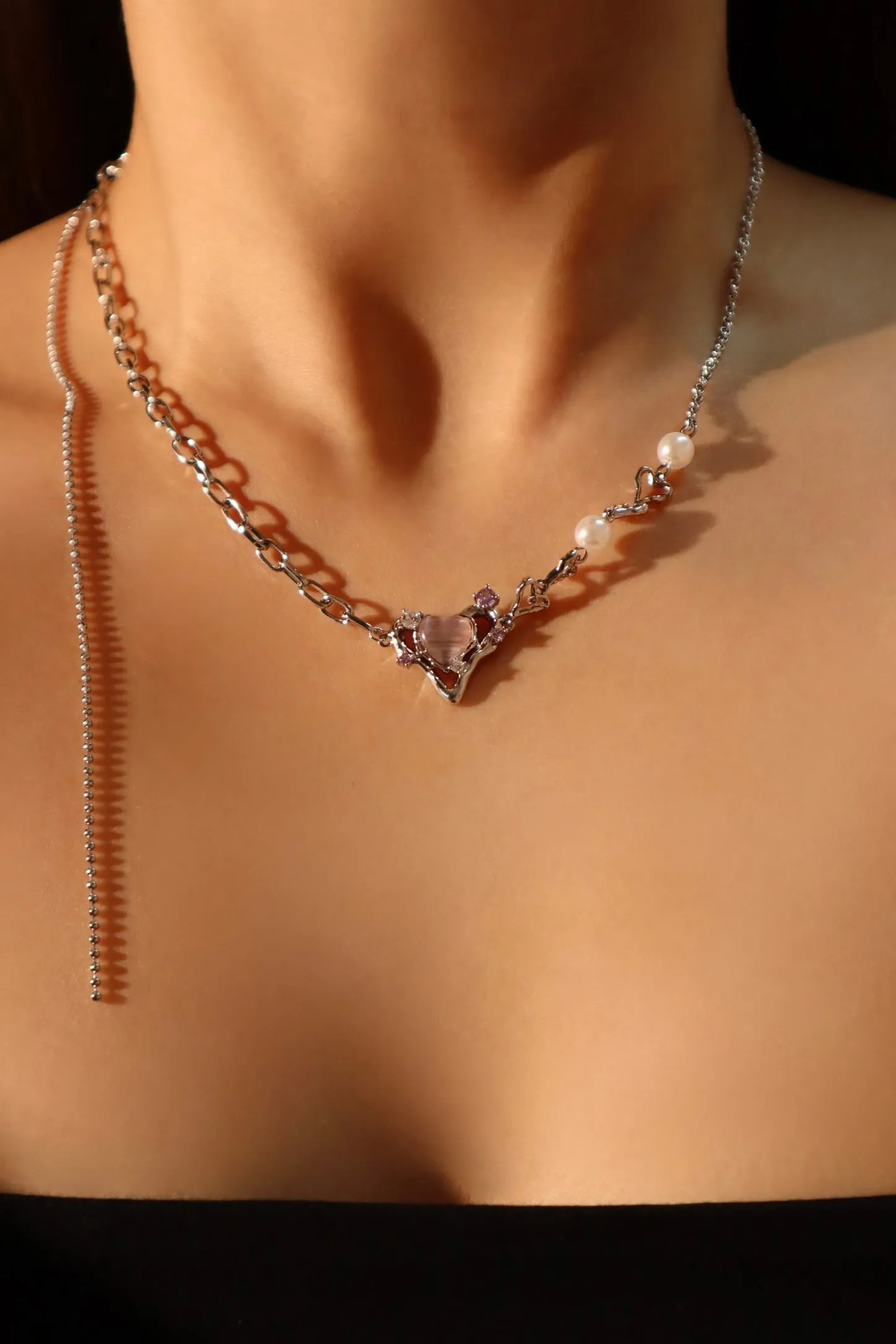 Platinum Plated Pink Opal Heart Pearls Necklace