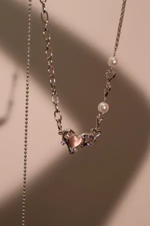 Platinum Plated Pink Opal Heart Pearls Necklace