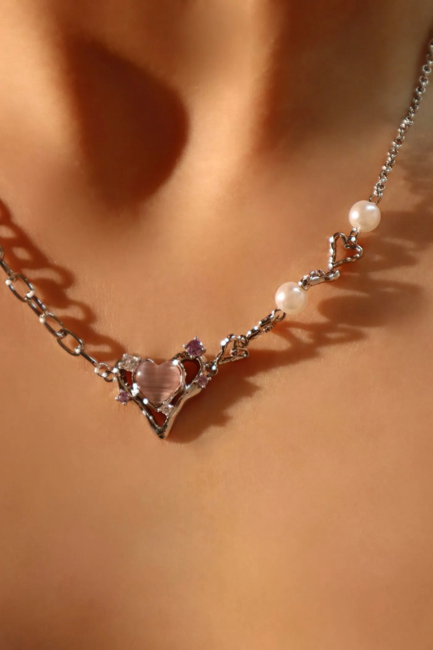 Platinum Plated Pink Opal Heart Pearls Necklace