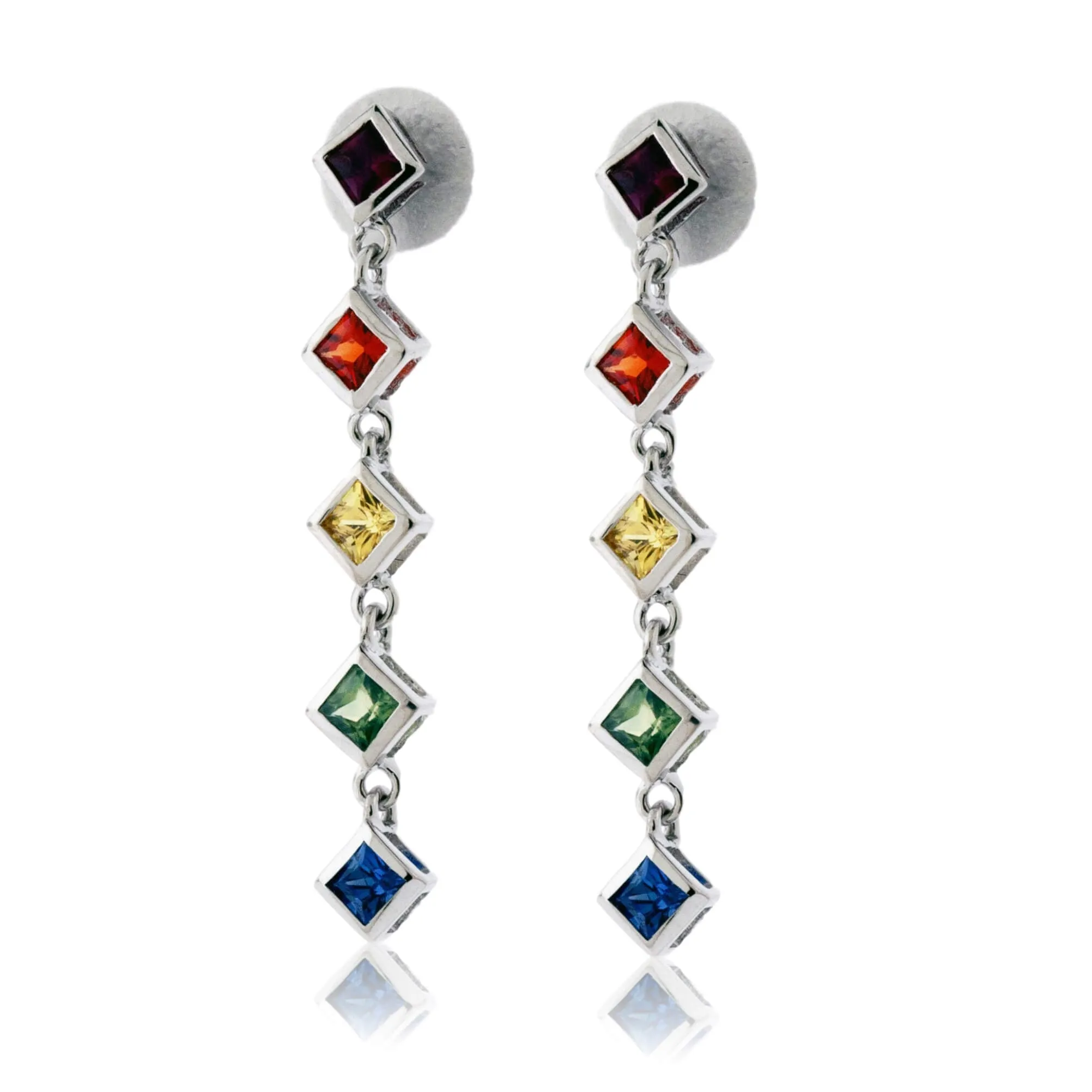 Princess Cut Bezel Set Rainbow Sapphire Drop Earrings