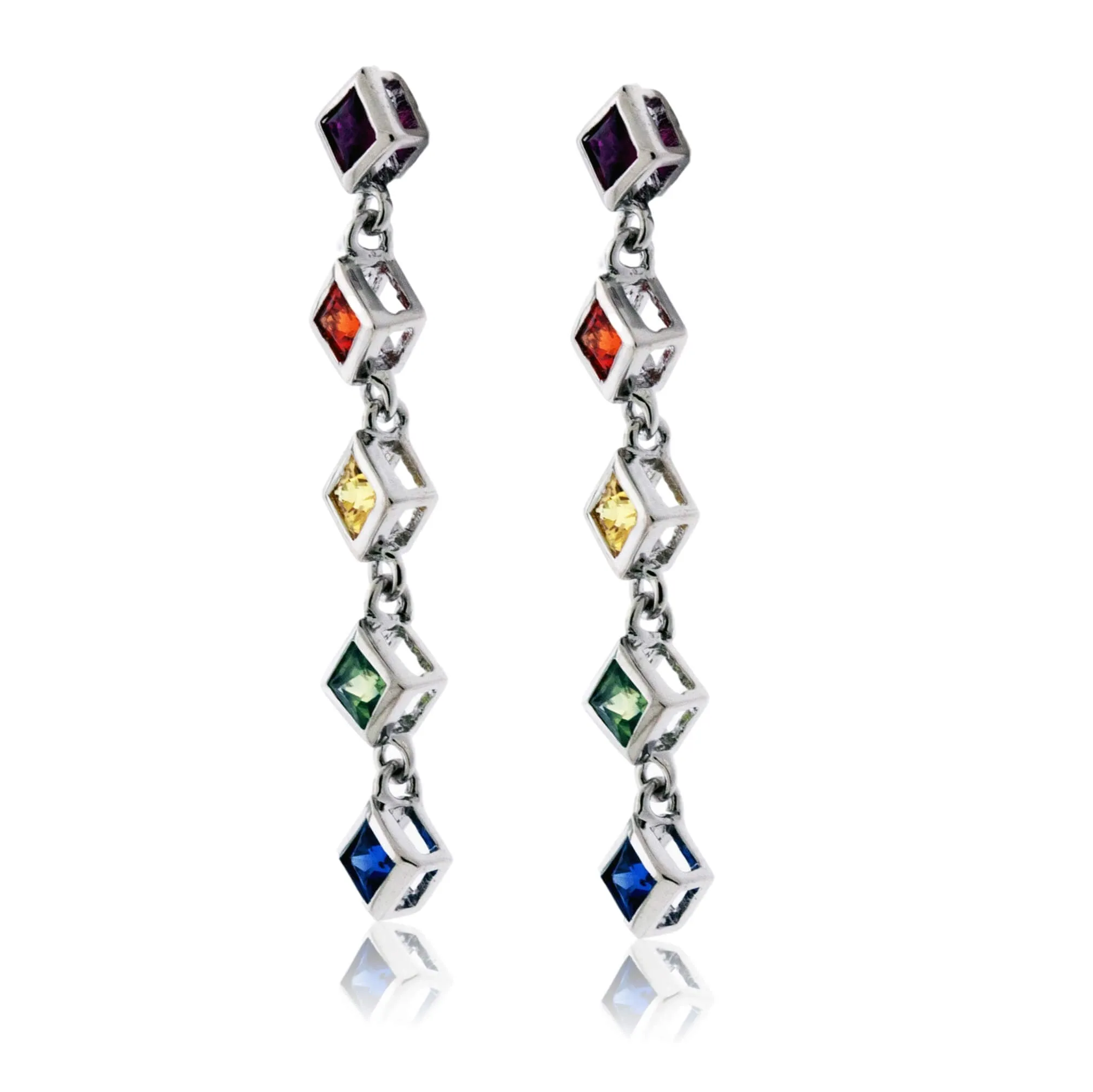 Princess Cut Bezel Set Rainbow Sapphire Drop Earrings