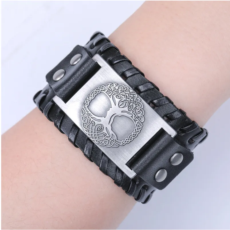 Punk Charm Braided Rope Leather Wide Alloy Cuff Bracelet