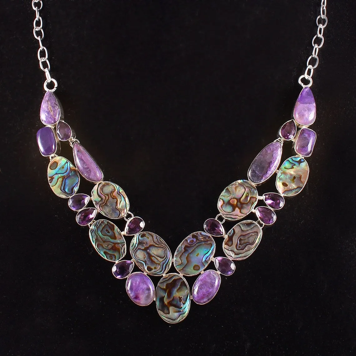 Purple Charoite ,Abalone Shell And Amethyst 925 Sterling Silver Bib Necklace