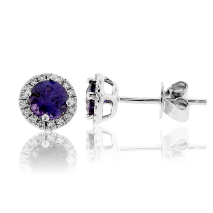 Purple Sapphire with Diamond Halo Stud Earrings