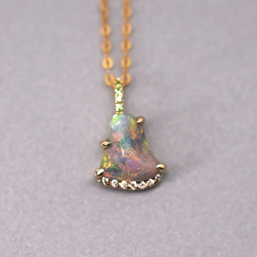 Rainbow Color Black Opal Diamond Tsavorite Pendant Necklace 18K Gold