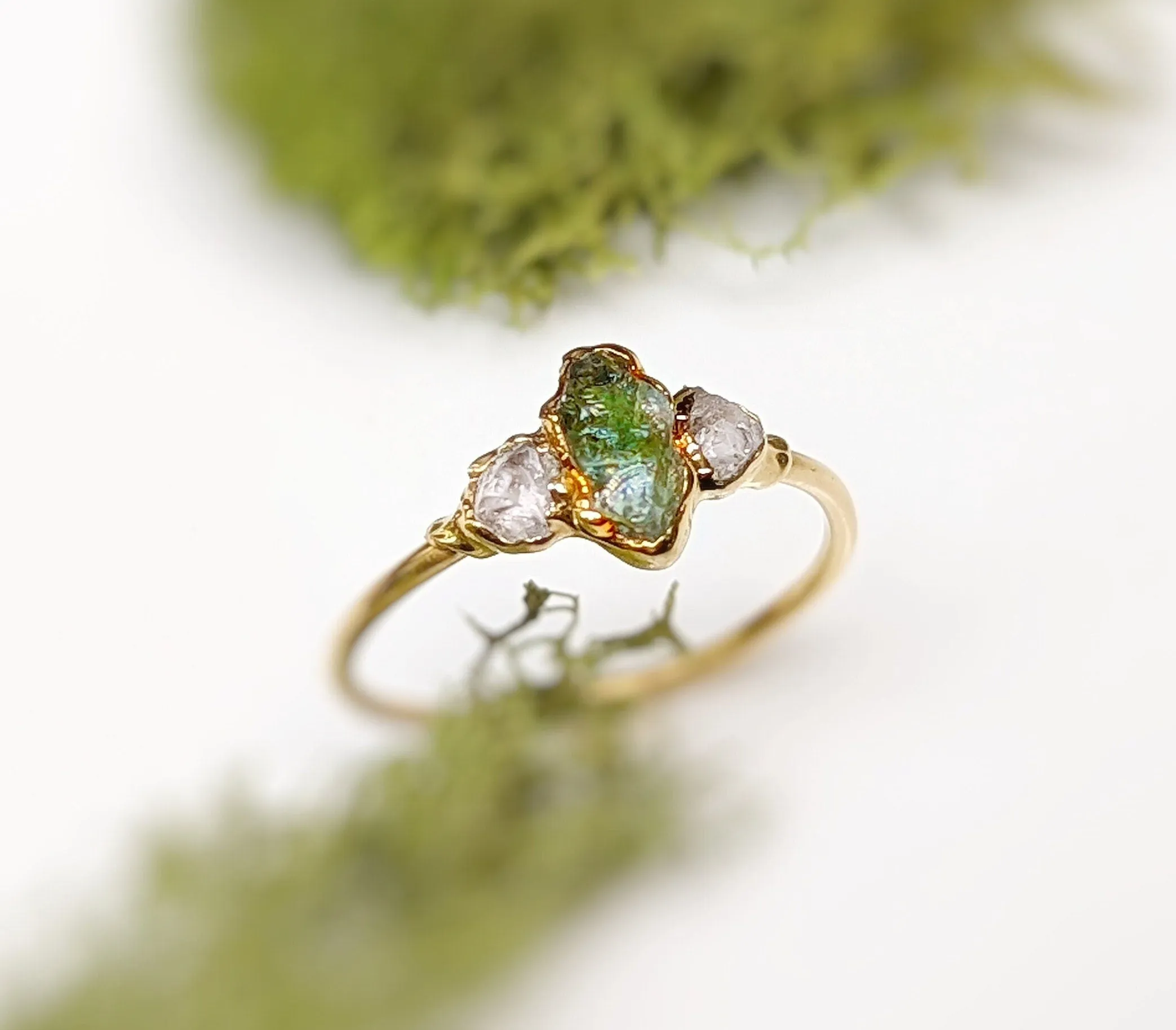 Raw green Sapphire & diamond engagement ring