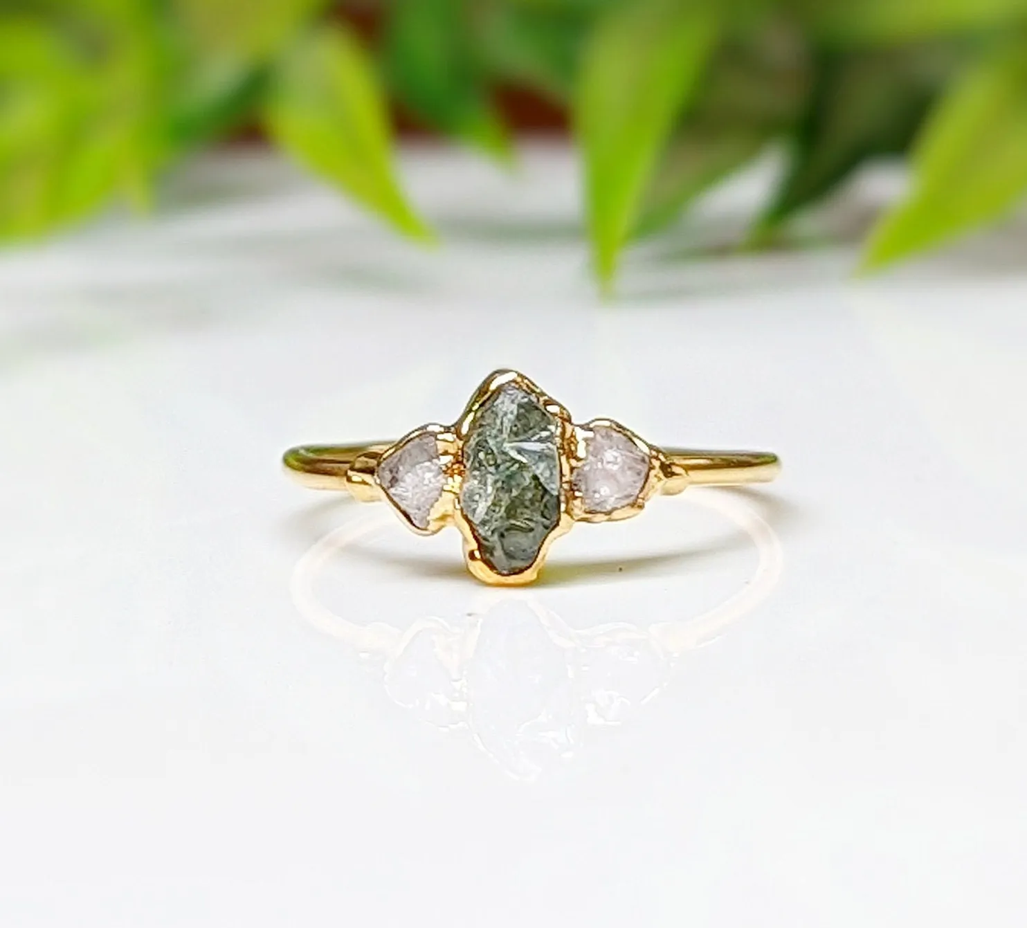 Raw green Sapphire & diamond engagement ring