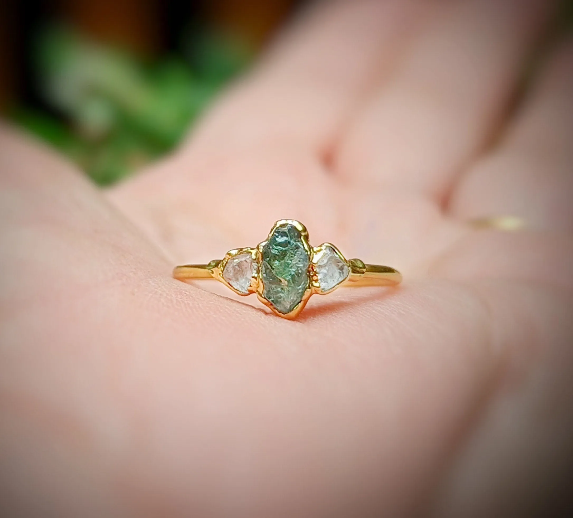 Raw green Sapphire & diamond engagement ring