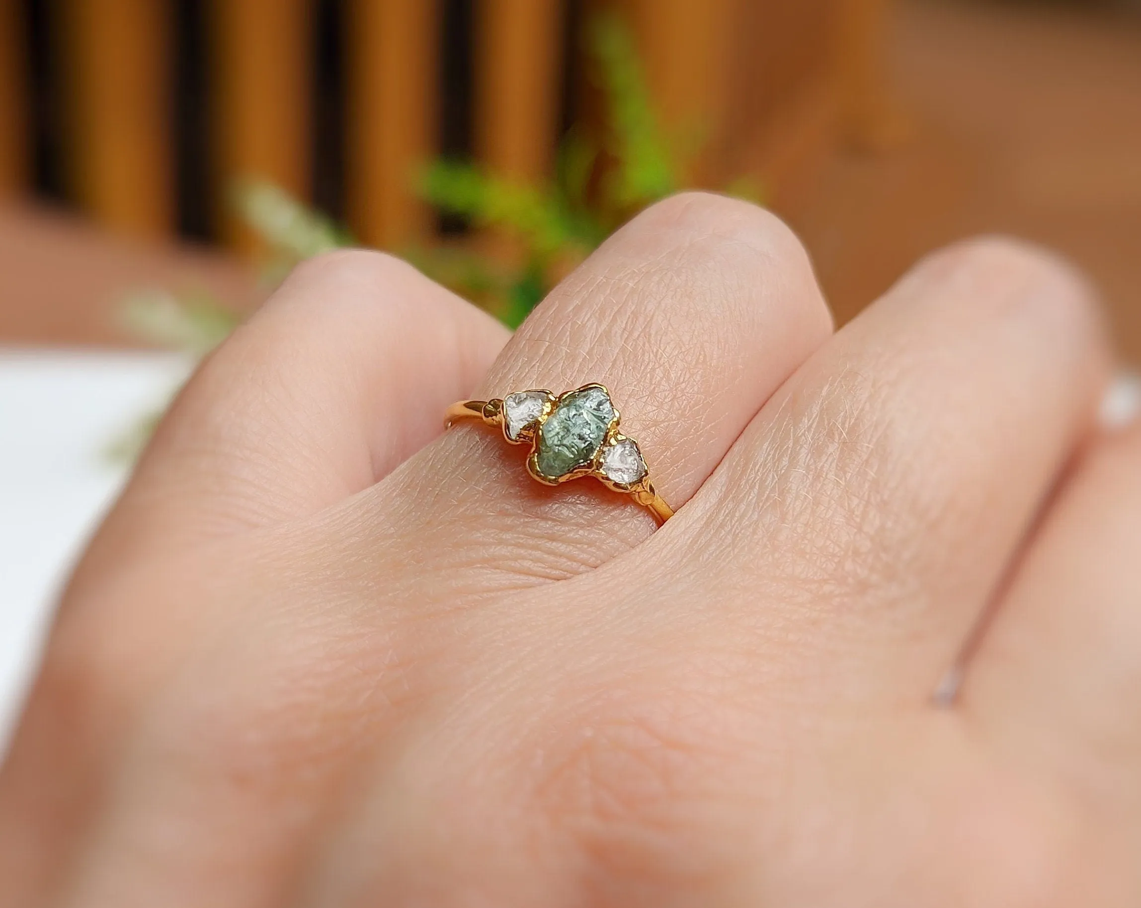 Raw green Sapphire & diamond engagement ring