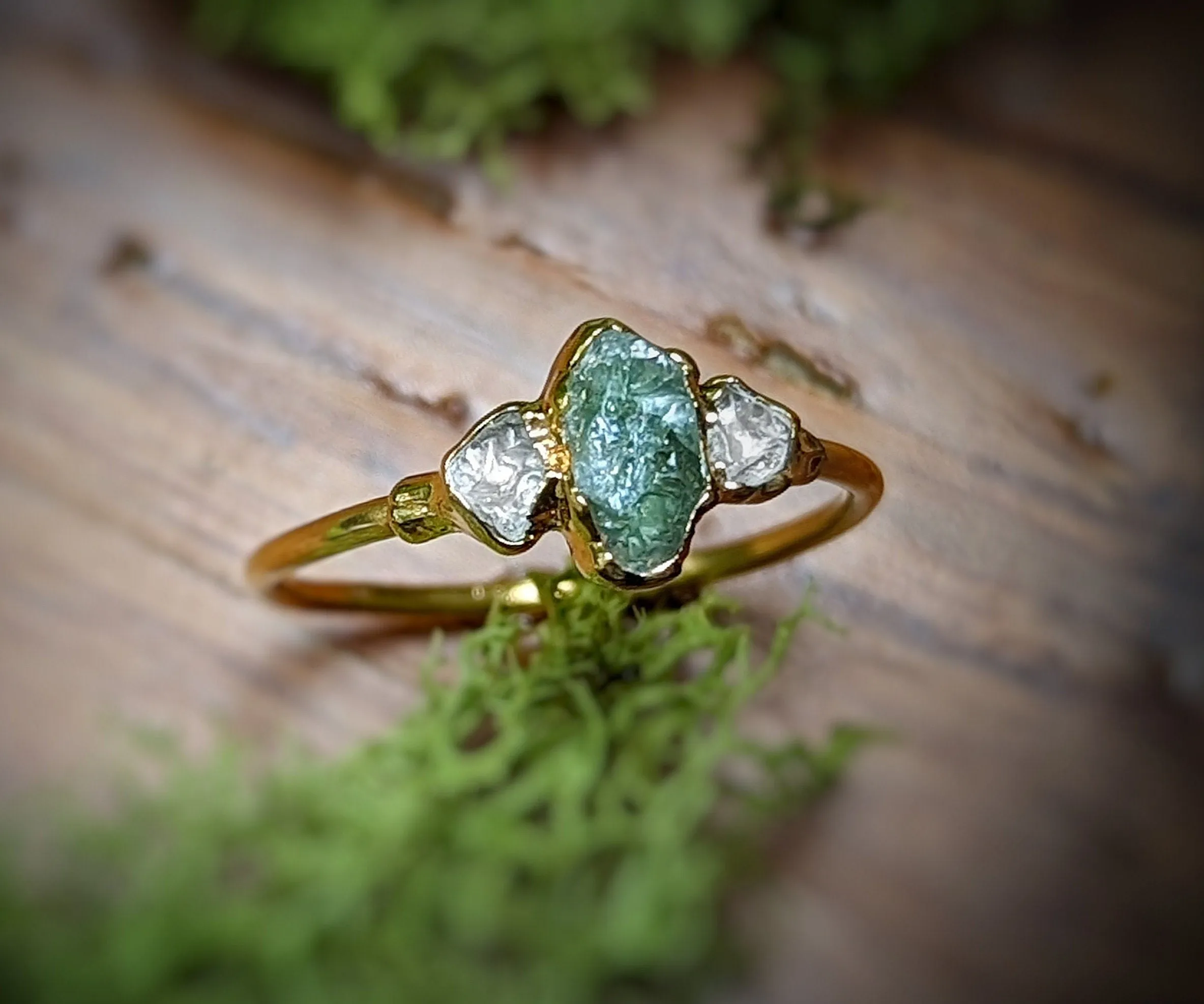 Raw green Sapphire & diamond engagement ring