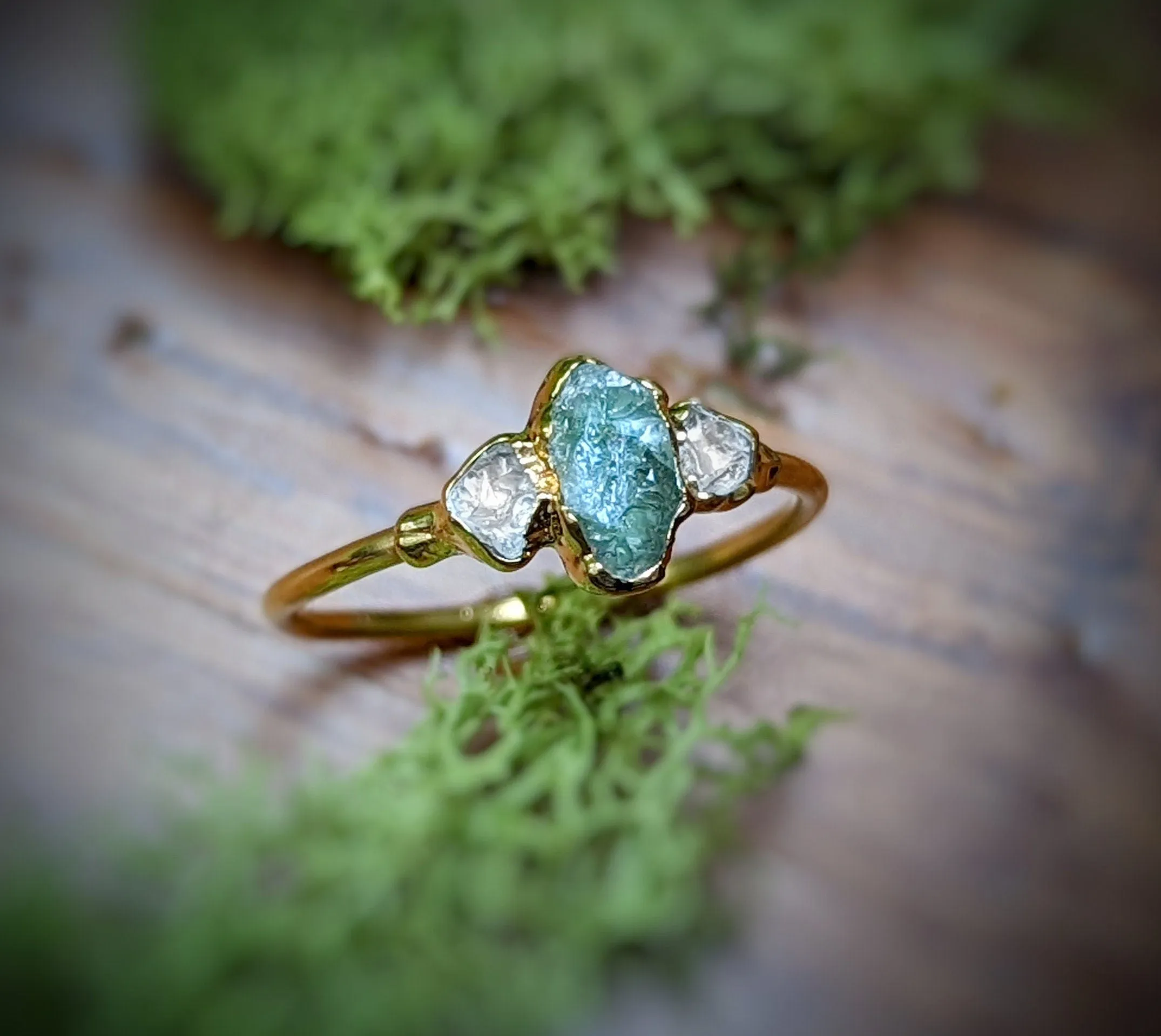 Raw green Sapphire & diamond engagement ring