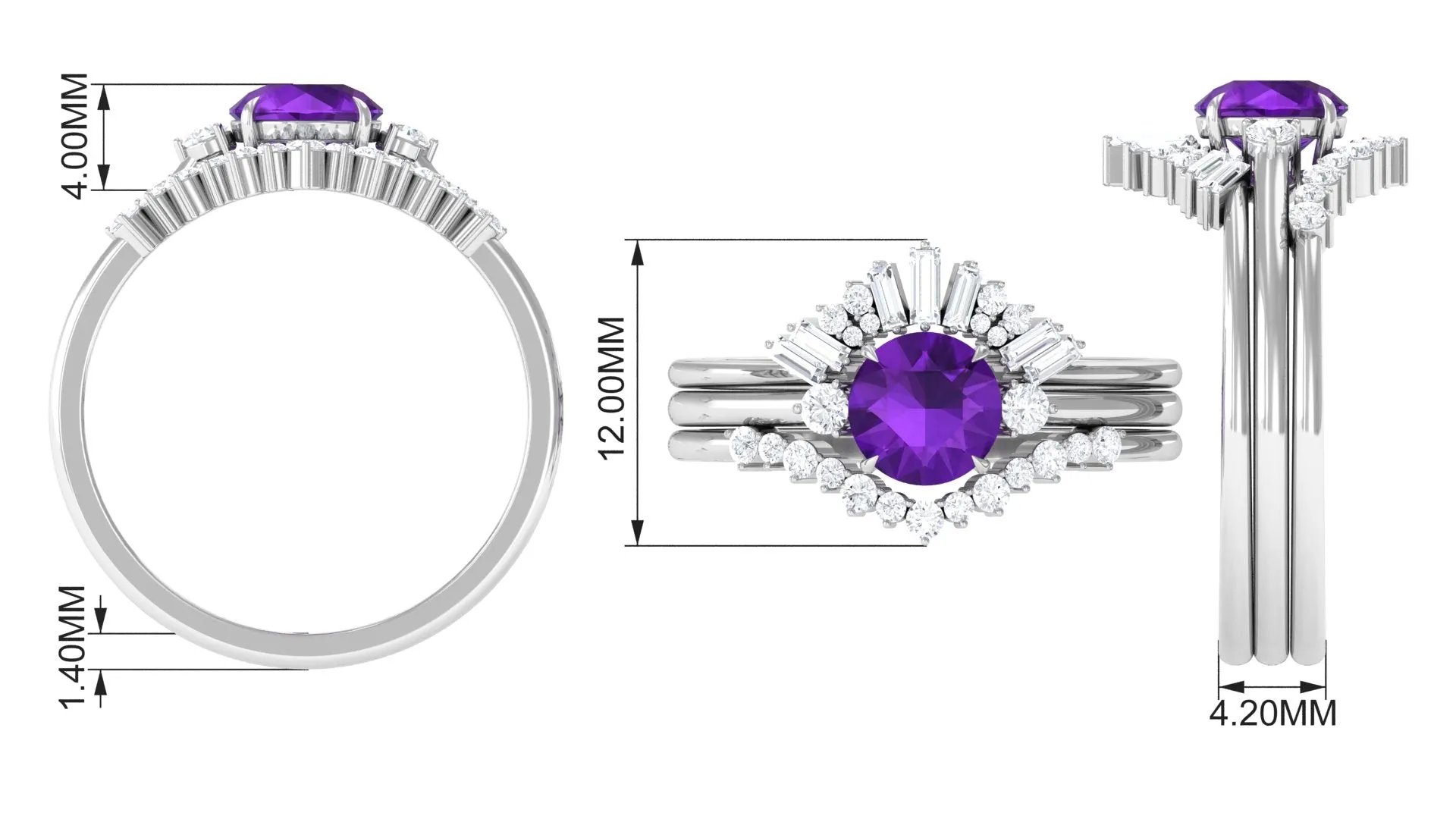 Real Amethyst Designer Trio Wedding Ring Set with Diamond