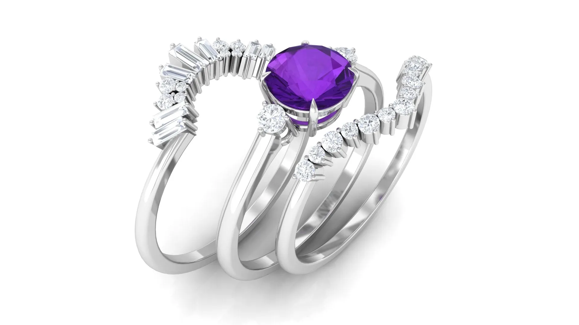 Real Amethyst Designer Trio Wedding Ring Set with Diamond