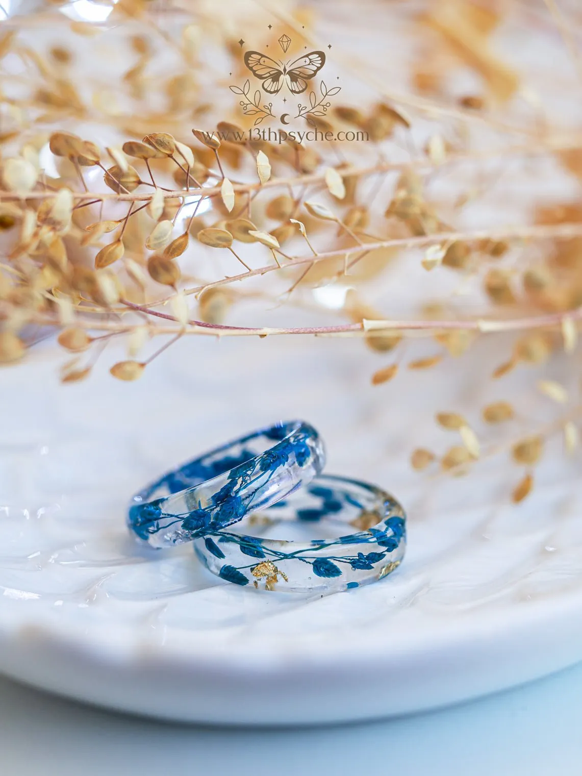 Real blue leaves resin ring with metal flakes