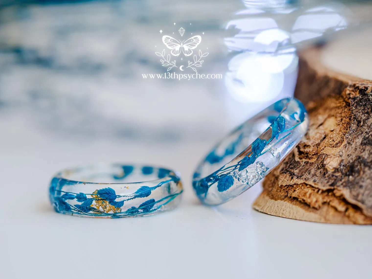 Real blue leaves resin ring with metal flakes