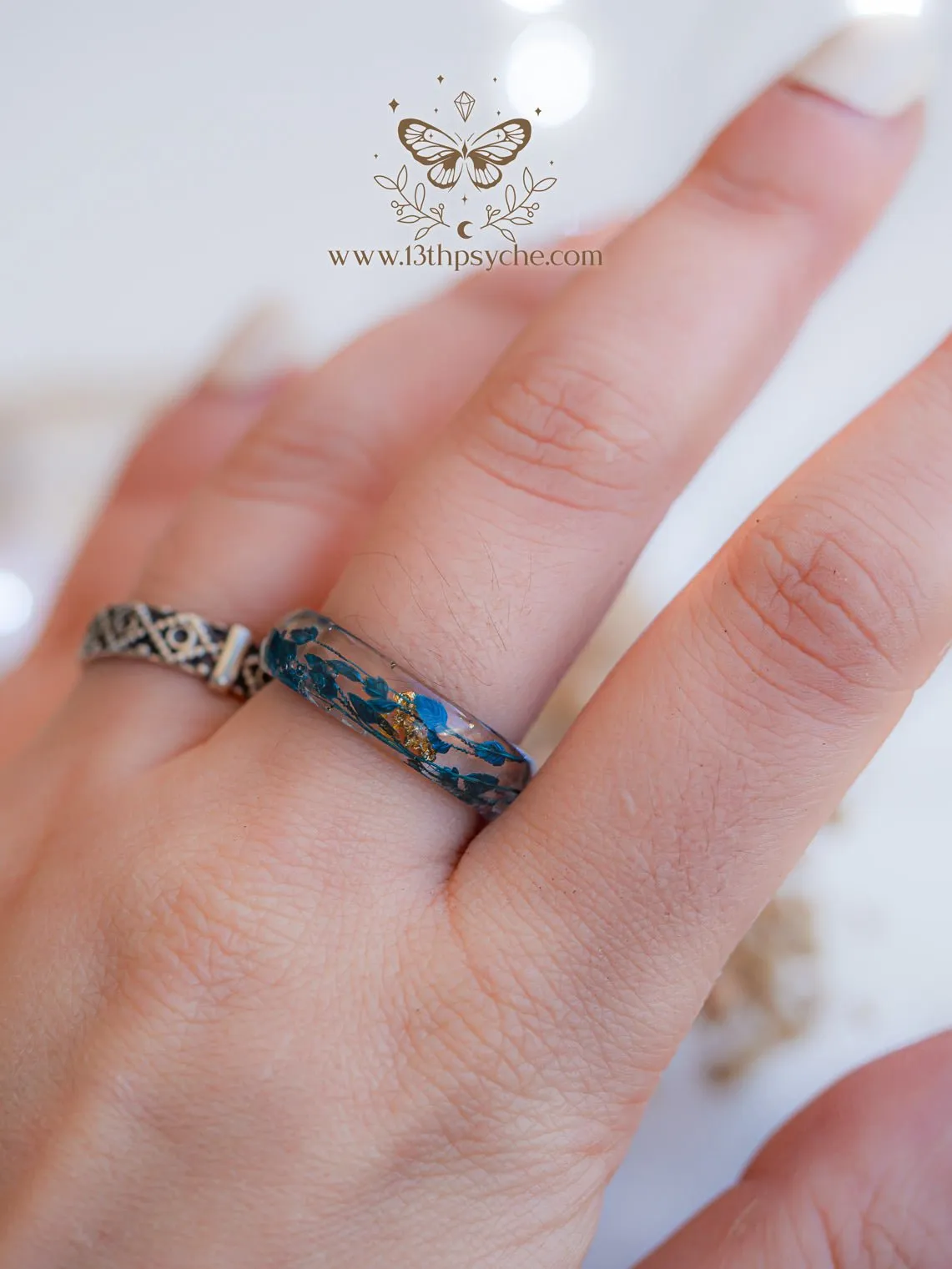 Real blue leaves resin ring with metal flakes