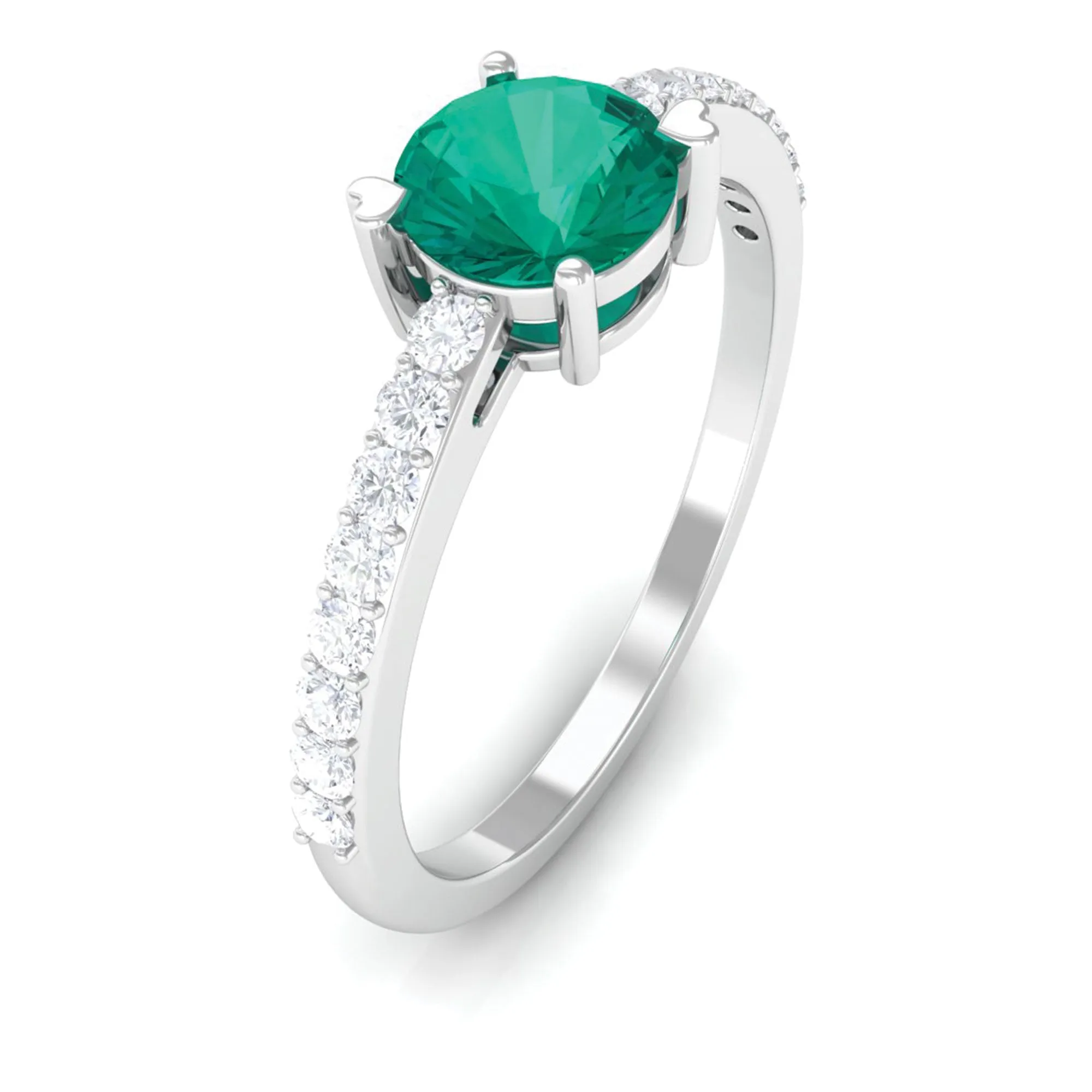 Real Emerald Solitaire Promise Ring with Diamond Side Stones