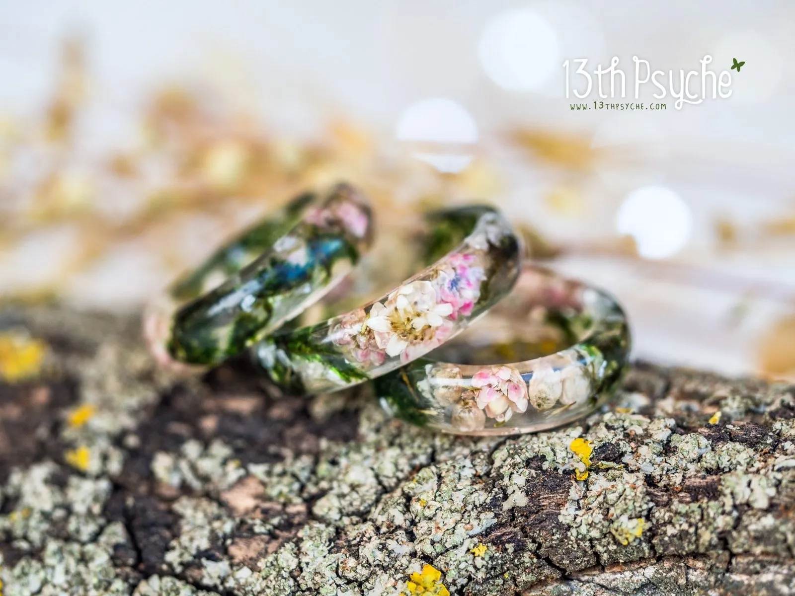 Real moss, Ozothamnus flowers and moonstone resin ring