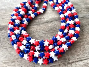 Red White Blue Star Patriotic Lucite Acrylic Beaded Chunky Multi Strand Statement Necklace